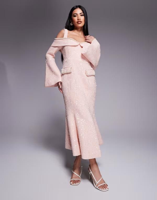 ラビッシュアリス レディース トップス ワンピース ミディ スパンコール Lavish Alice sequin boucle cowlong midi dress PINK ピンク