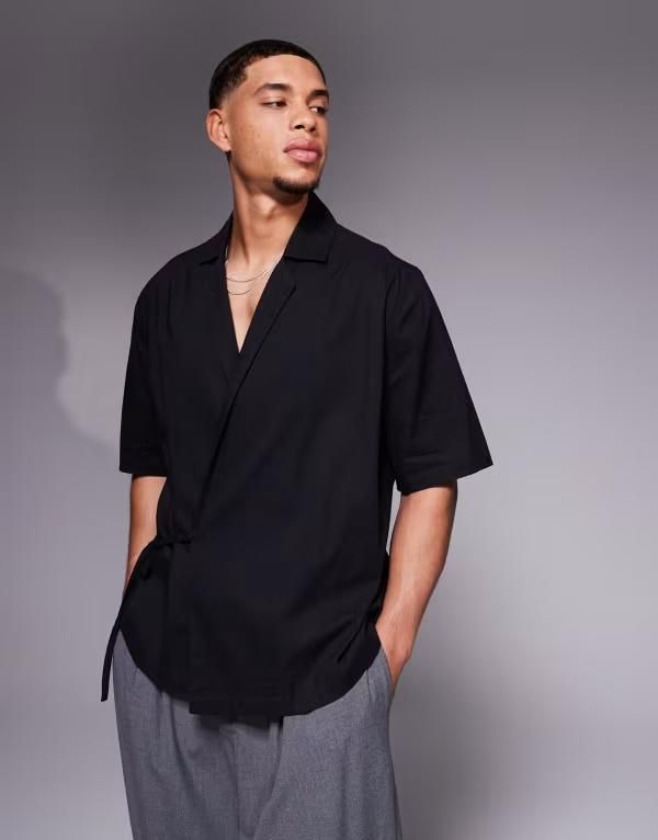 エイソス メンズ トップス シャツ ASOS DESIGN shirt with tie side closure Black ブラック