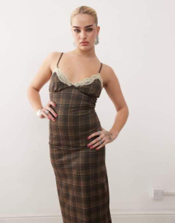 モーテル レディース トップス ワンピース レース Motel delfina lace edge plaid midaxi dress BROWN PLAID ブラウン