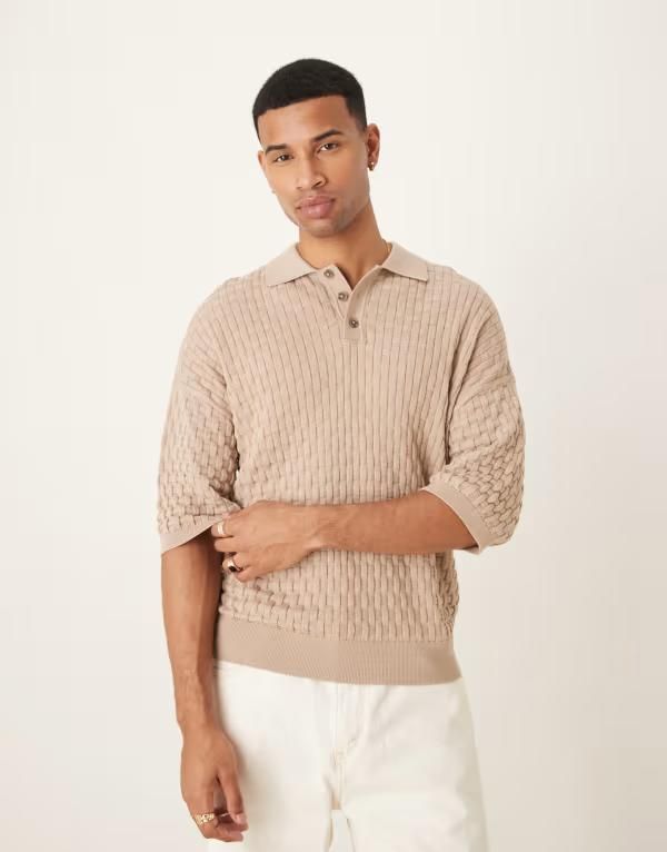 エイソス メンズ トップス ポロシャツ ニット ASOS DESIGN relaxed knit 34 sleeve textured polo BEIGE ベージュ