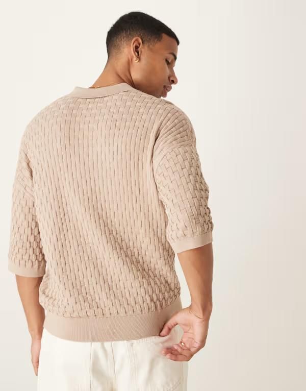 エイソス メンズ トップス ポロシャツ ニット ASOS DESIGN relaxed knit 34 sleeve textured polo BEIGE ベージュ