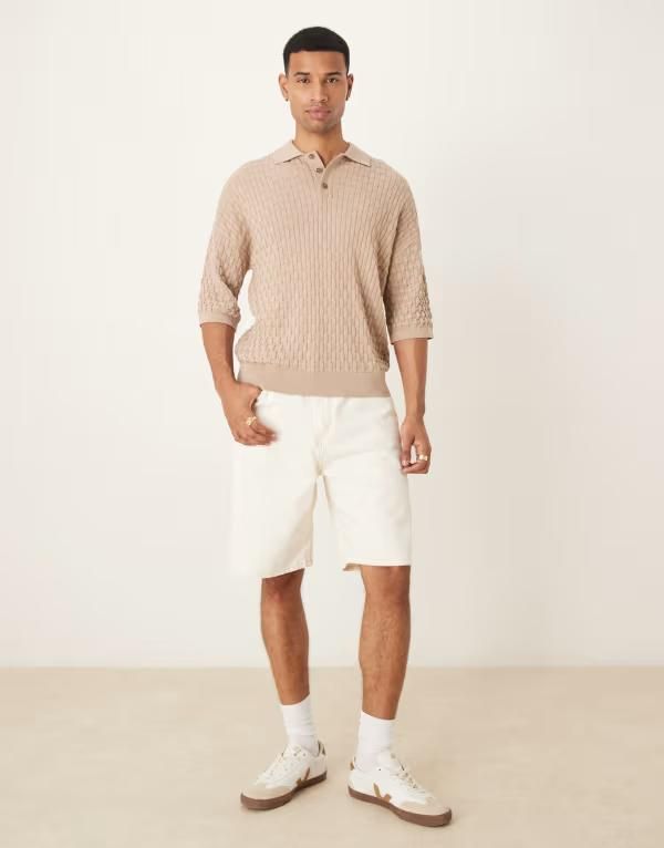 エイソス メンズ トップス ポロシャツ ニット ASOS DESIGN relaxed knit 34 sleeve textured polo BEIGE ベージュ