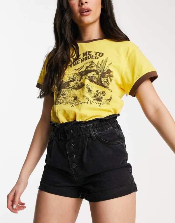 オンリー レディース ボトムス ハーフパンツ・ショーツ ショートパンツ デニム Only Cuba paperbag denim shorts Black ブラック