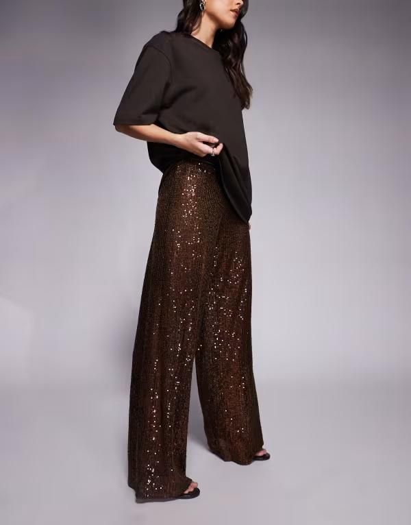 エイソス レディース ボトムス カジュアルパンツ ワイドレッグ シアー スパンコール ASOS DESIGN sheer allover sequin wide leg pants Brown ブラウン