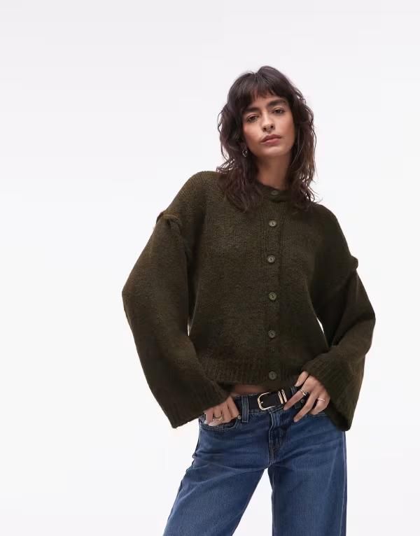 エイソス レディース アウター カーディガン ウール ニット ASOS DESIGN knit cardigan with wool and exposed seams Khaki カーキ