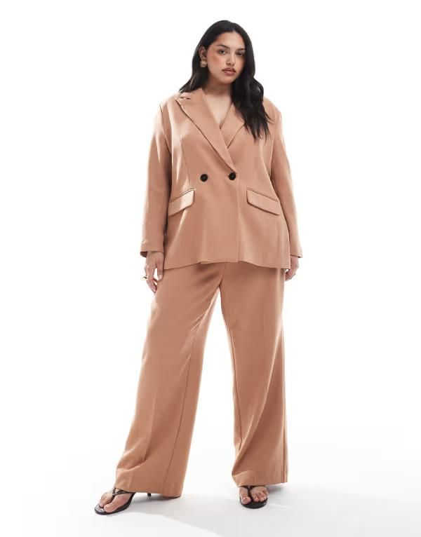 ヴェロモーダ レディース ボトムス カジュアルパンツ ワイドレッグ パンツ Vero Moda Curve tailored herringbone wide leg pants in mocha part of a set Mocha mousse モカ