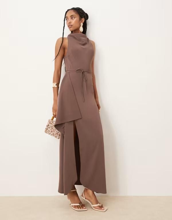 エイソス レディース トップス ワンピース ハイネック ドレープ ミディ スカート ASOS DESIGN high neck draped skirt detail midi dress in chocolate チョコレート