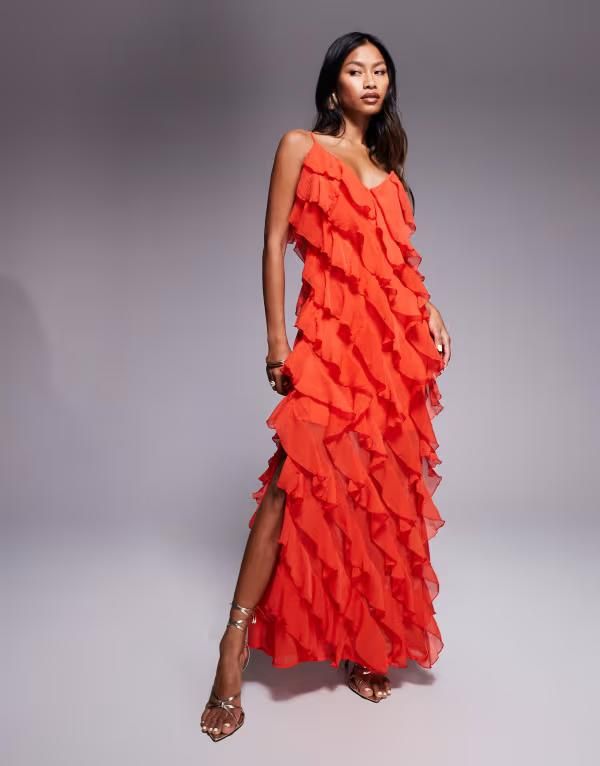 リバーアイランド レディース トップス ワンピース マキシワンピース フリル マキシ River Island ruffle detail strappy maxi dress in orangeオレンジ