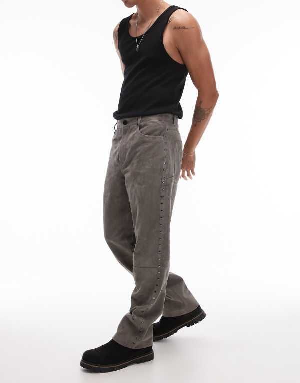 トップマン メンズ ボトムス カジュアルパンツ パンツ スエード Topman premium straight studded suede pants Gray グレー