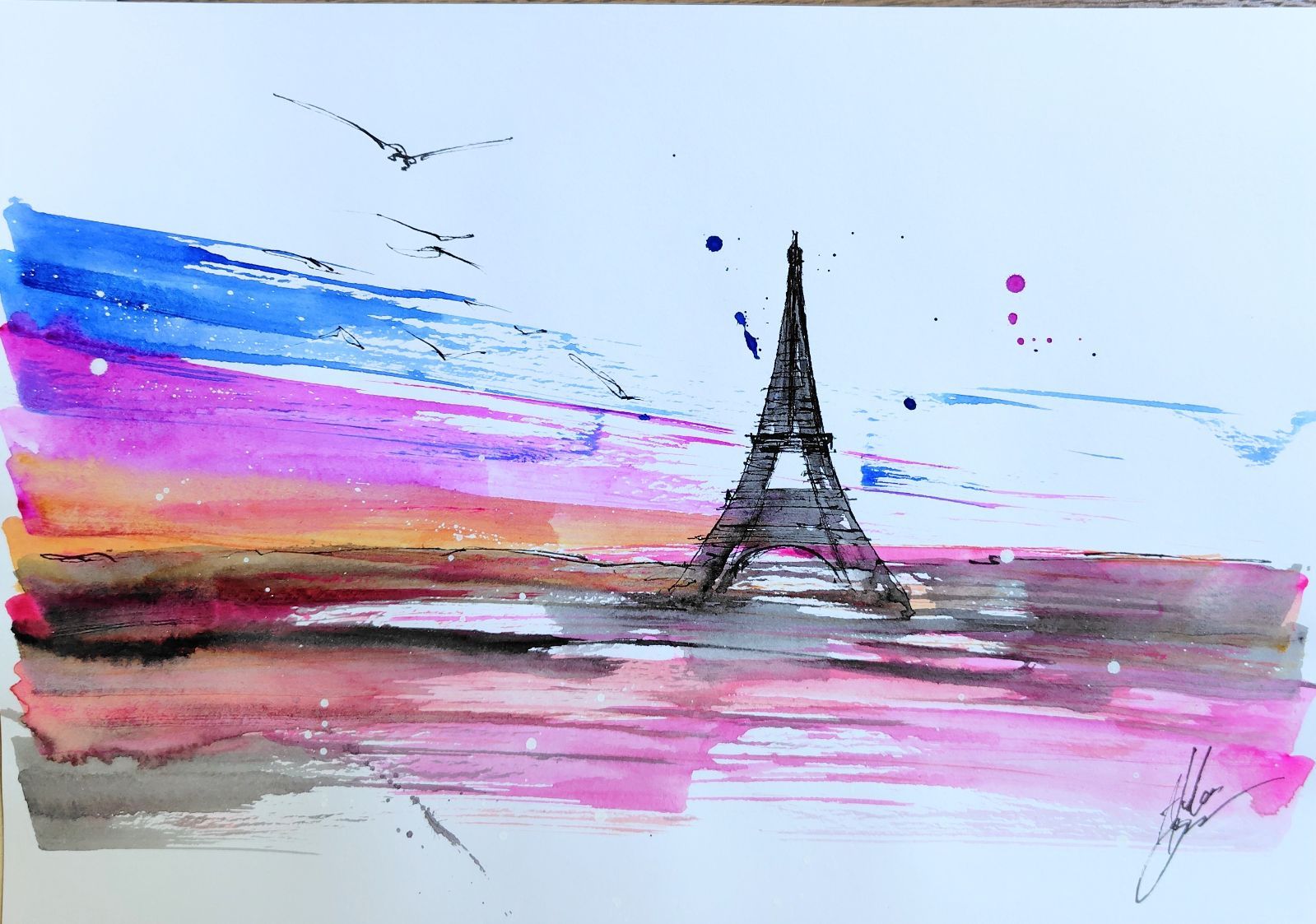 原画#508 エッフェル塔 パリ フランス 夕暮れ 水彩画 ドローイング