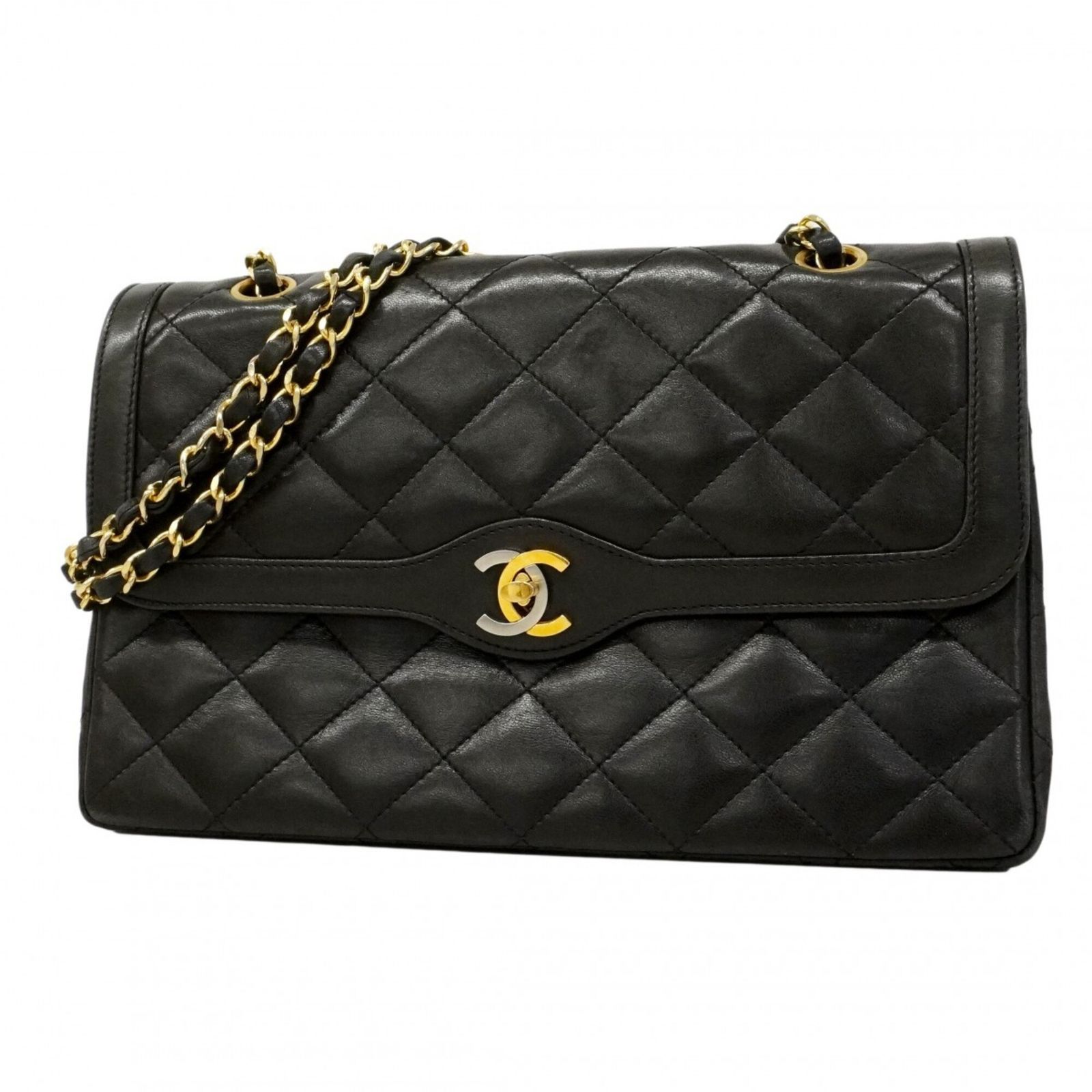 シャネル(Chanel) シャネル ショルダーバッグ マトラッセ パリ限定 Wフラップ Wチェーン ラムスキン ブラック ゴールド レディース
