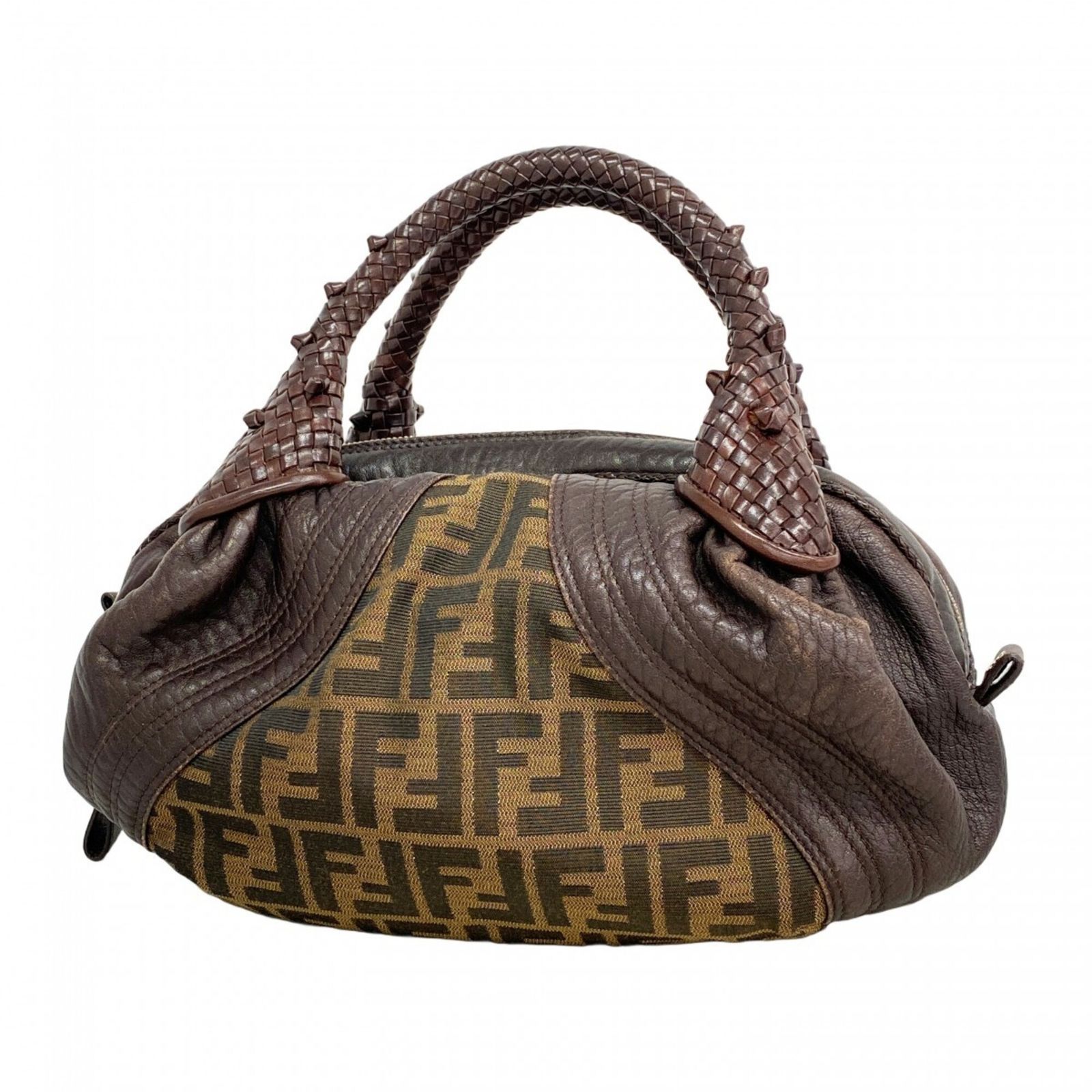 フェンディ(Fendi) フェンディ ハンドバッグ ズッカ ナイロンキャンバス レザー ダークブラウン シャンパンレディース