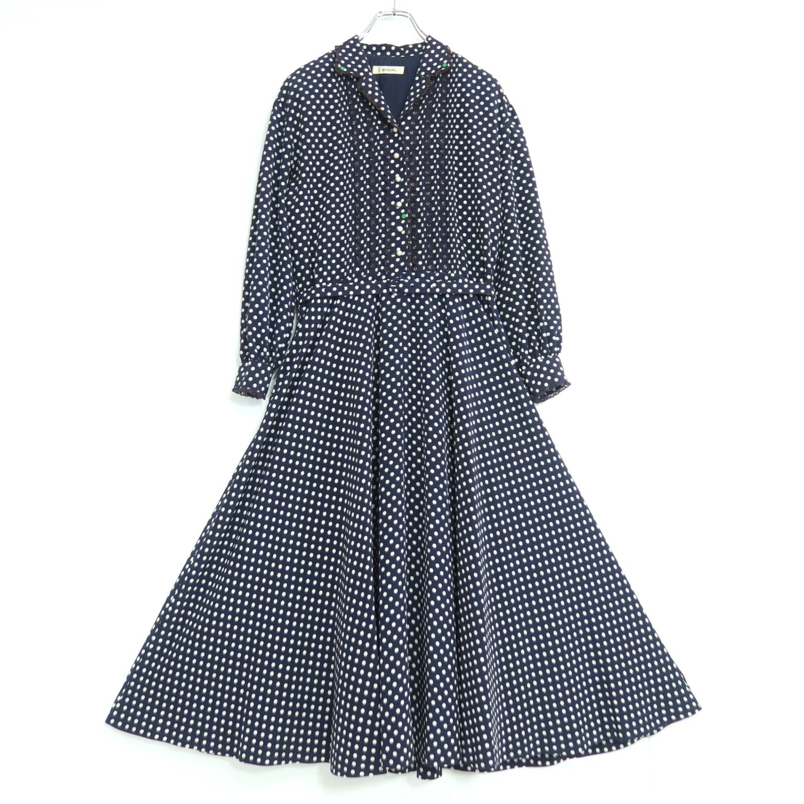 インゲボルグ★ドットpt&レース♪長袖ワンピース ネイビー系 パールビーズ♪薄手 z19622