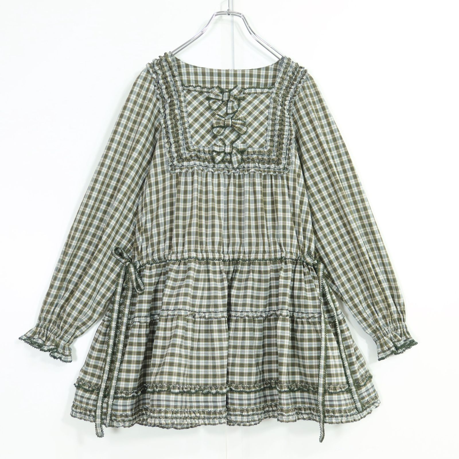 【美品】ピンクハウス★オリチェpt♪ふんわりミニワンピ ブラウス グリーン系 綿ローン 段々フリル&リボンも♪薄手 z20018 18,980円