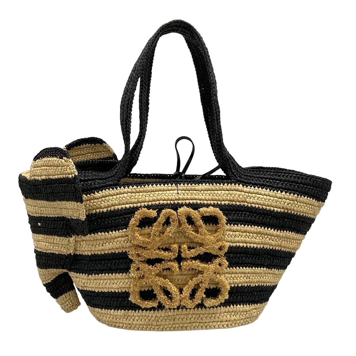 LOEWE(ロエベ) トートバッグ エレファント バスケットバッグ 黒×ベージュ ボーダー/ゾウ/かごバッグ