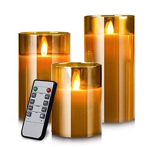 LEDキャンドルライト ledグラス ゴールド ロウソク 本物の炎のようにゆらめく3点セット 暖色光 火を使わない ゆらゆら揺れる 安全 省エネ 専用リモコン付き 明るさ調整 電池式 LEDライト キャンドルkoe