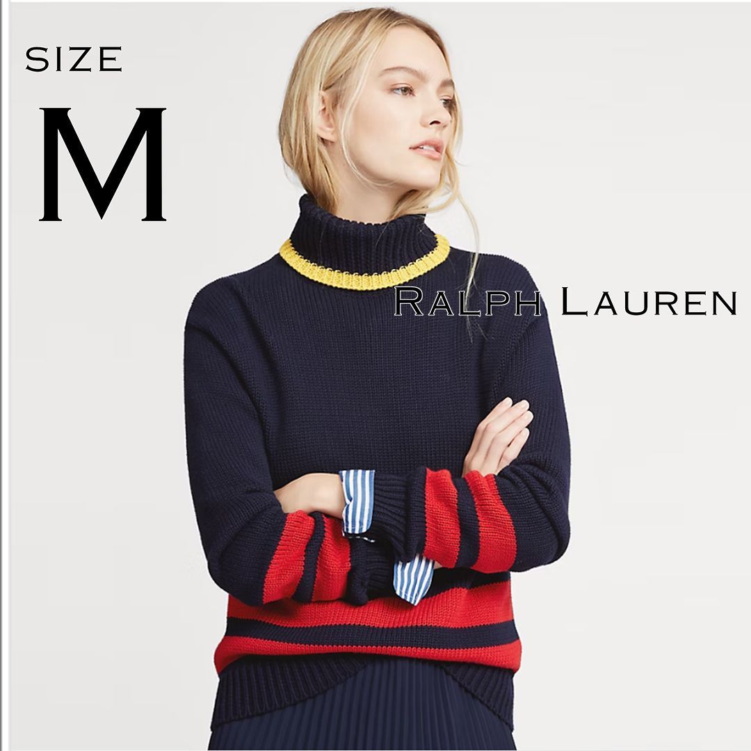 【極美品】Ralph Laurenラルフローレン 18AW タートルネック ストライプコットンセーター M ネイビー紺×レッド赤 【古着】【中古】【送料無料】