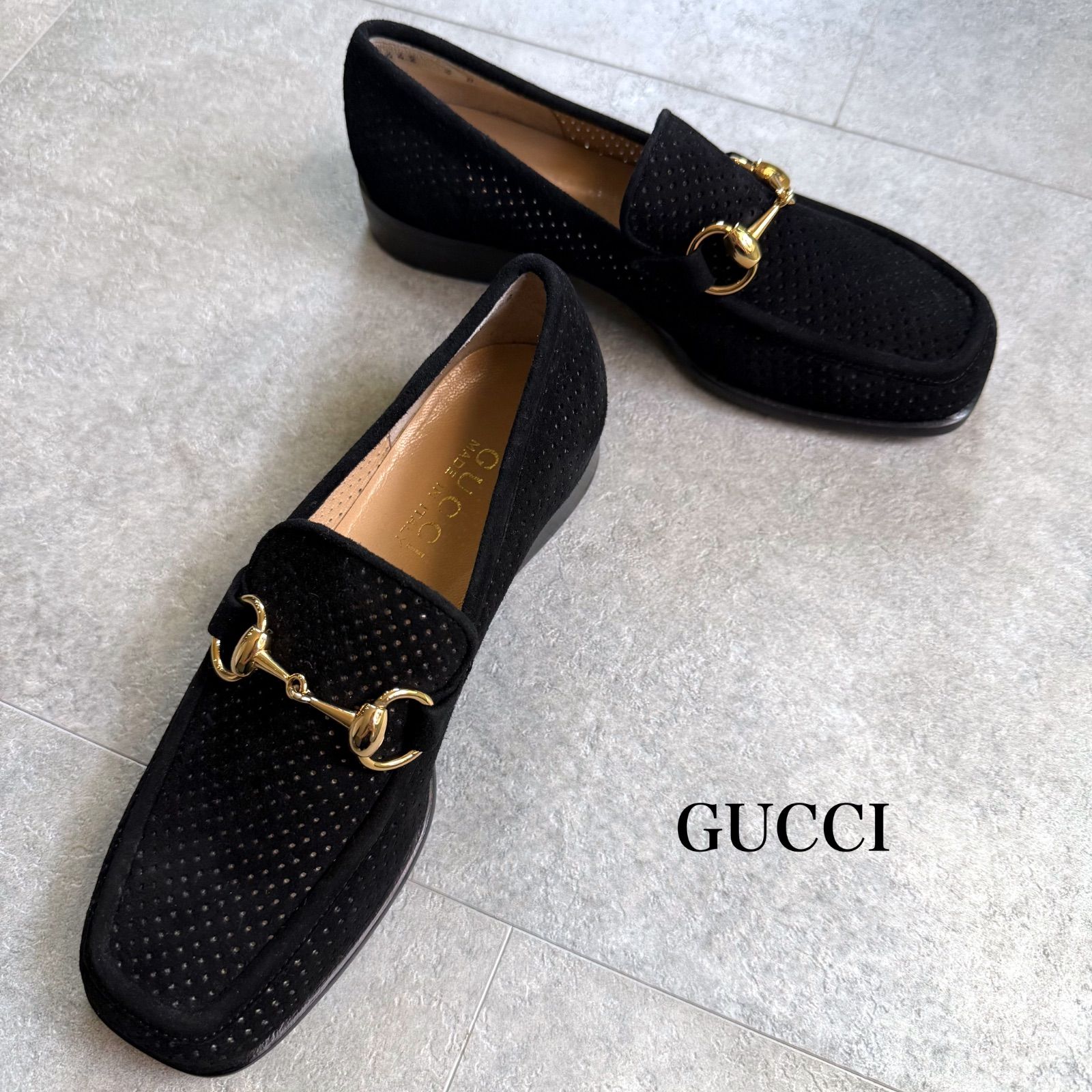 未使用 GUCCI グッチ ホースビットローファー スエード ドット ブラック ゴールド金具 4B レディースシューズ 21cm