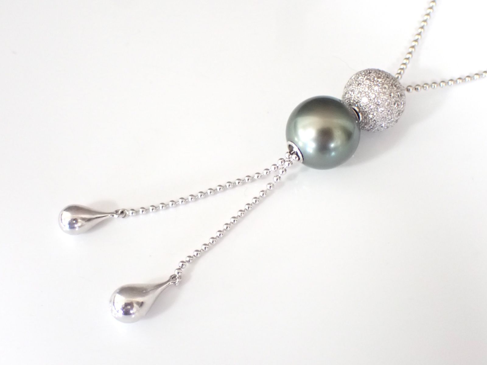 【極美品】ミキモト ラリエットネックレス K18WG 黒蝶真珠 ダイヤ1.17ct