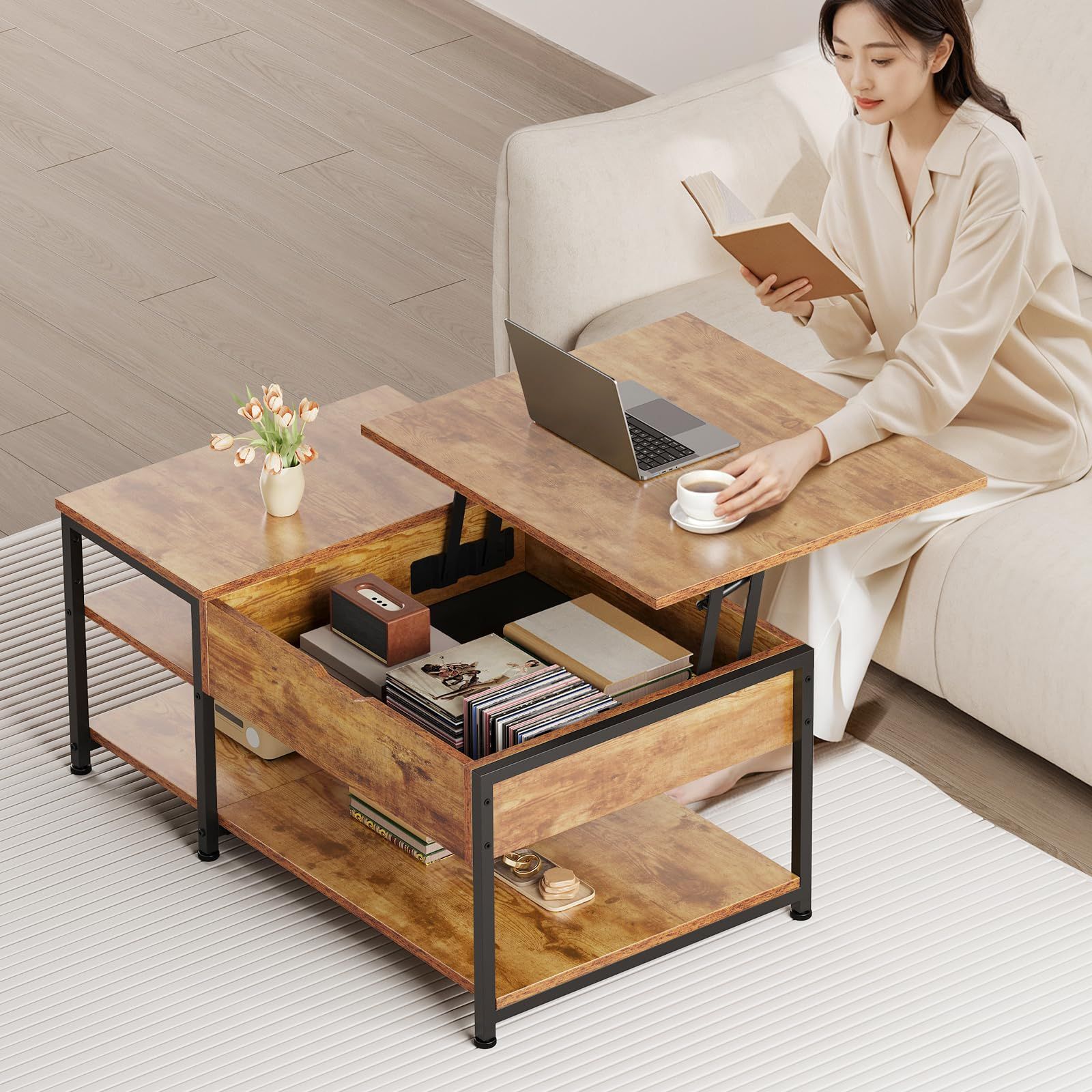 ローテーブル 昇降式 一人暮らしリビングテーブル 隠す収納 天板昇降 高さ調整 大容量 簡単開閉 ガス圧式 幅80*奥行40*高さ40&54.6cm ビンテージY 08fc22a8
