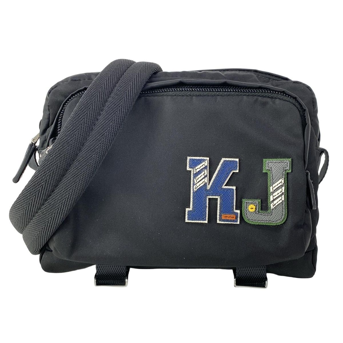 PRADA(プラダ) ショルダーバッグ美品 - 2VH043 黒×ネイビー×マルチ マイ キャラクター/イニシャルシール貼り付けあり レザー
