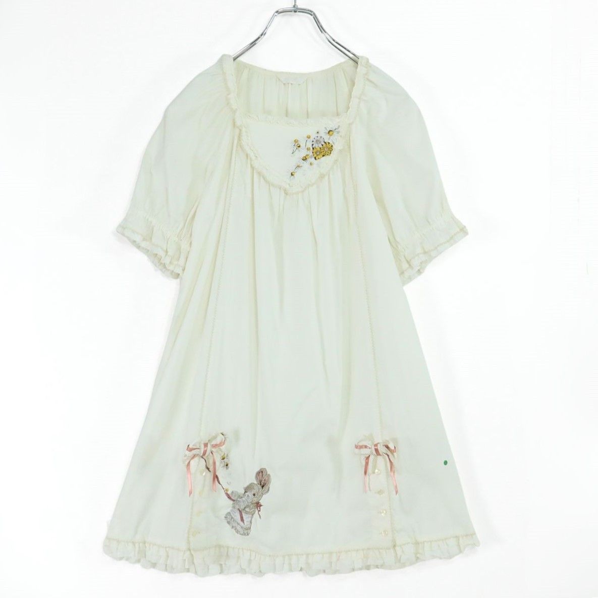 ピンクハウス★ウサギの刺繍♪リボン お花の刺繍 パフスリーブ マーガレット チュニックワンピース 白系 z19609