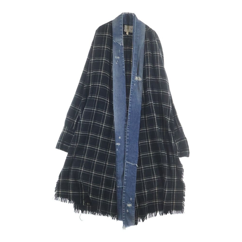 GREG LAUREN (グレッグローレン) BLACK PLAID LONG KIMONO ブラックプレイドロングキモノ チェックロングジャケットコート ブラック/インディゴ