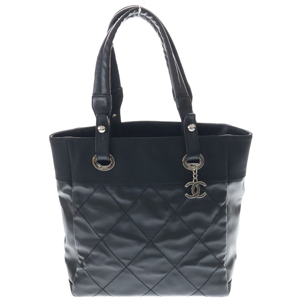 CHANEL (シャネル) パリビアリッツPM キルティング トートバッグ ハンドバッグ ブラック レザー×キャンバス シルバー金具