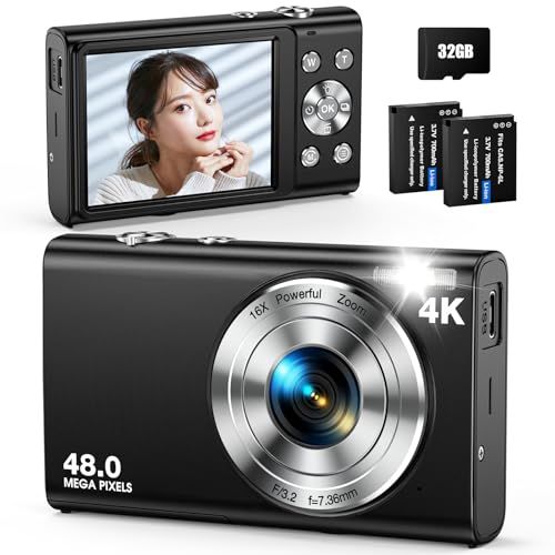デジタルカメラ 4K デジカメ Anteam AFオートフォーカス 4800万画素 32GBカード付き コンデジ 16倍デジタルズーム バッテリー2個付 手ぶれ補正 自撮り コンパクトカメラ 2.88インチIPSスクリーン 軽量 初心者向け cefb32d6