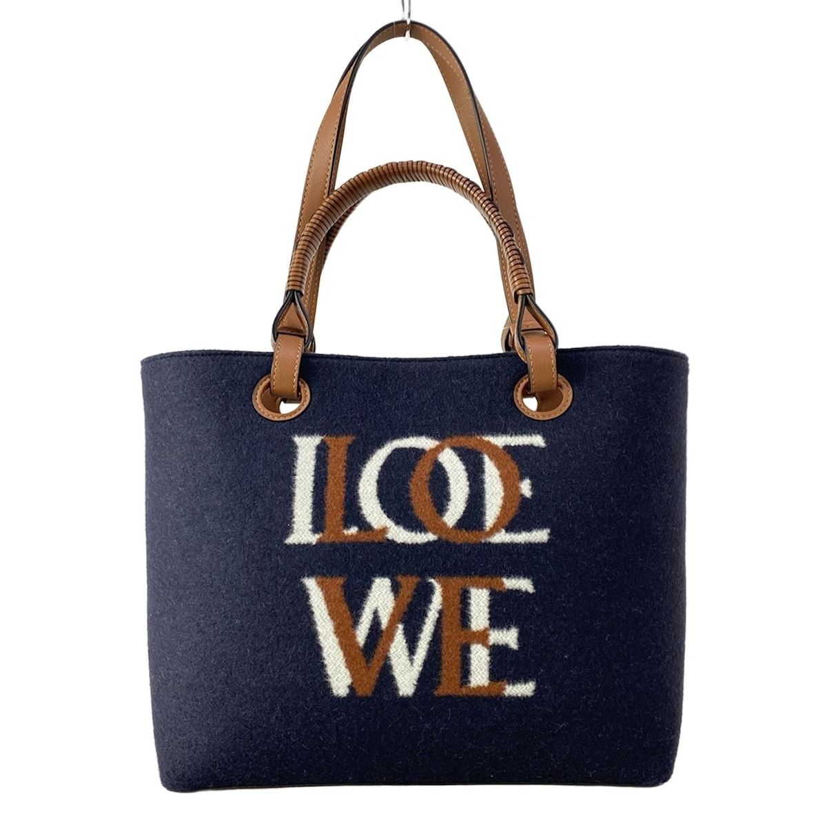 LOEWE(ロエベ) トートバッグ ラブアナグラムスモールトート A717S72X13 ネイビー×ブラウン×白 2way ウール