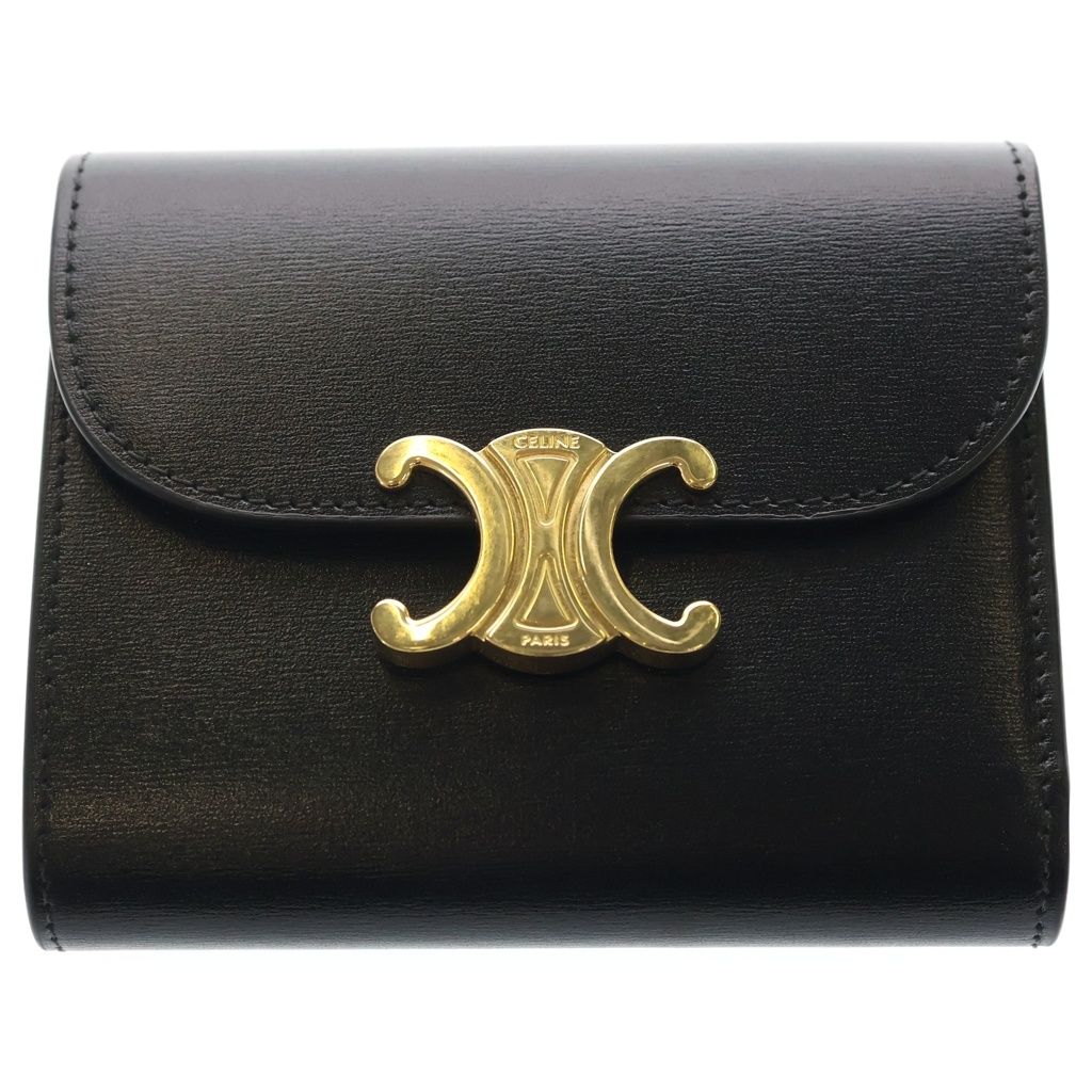 CELINE (セリーヌ) トリオンフ スモールフラップウォレット 三つ折り財布 コンパクトウォレット コインケース ブラック レザー ゴールド金具