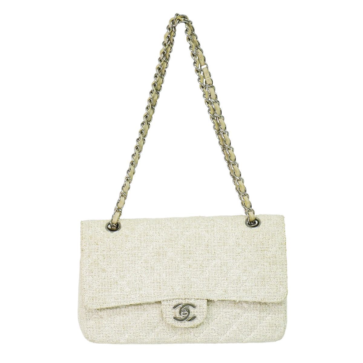 本物 シャネル CHANEL ココマーク マトラッセ ダブルフラップ チェーン ショルダーバッグ ツイード アイボリー バッグ 中古・