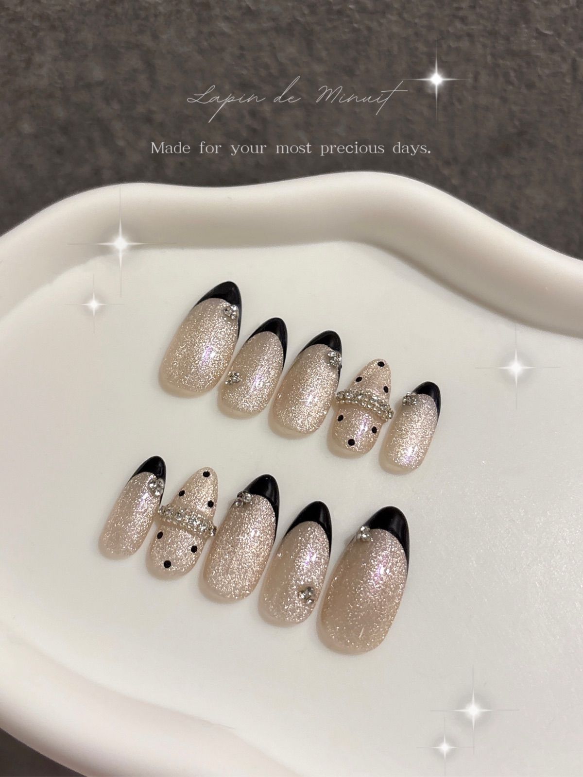 ワンホン ちゅるん キラキラ マグネット フレンチ パープル ネイルチップ 【Lapin de Minuit】