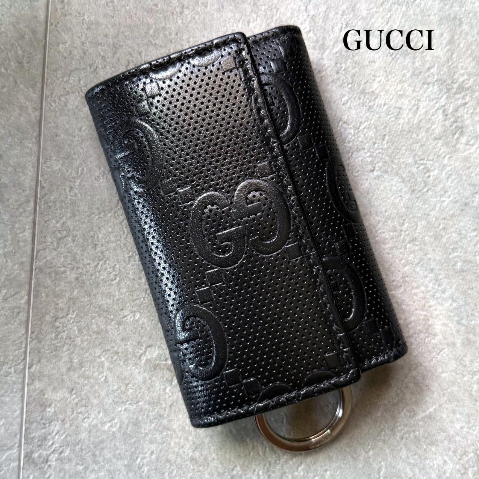 極美品 GUCCI グッチ ジャンボGG柄 レザー 6連 キーケース キーリング 黒 エンボスロゴ　625565