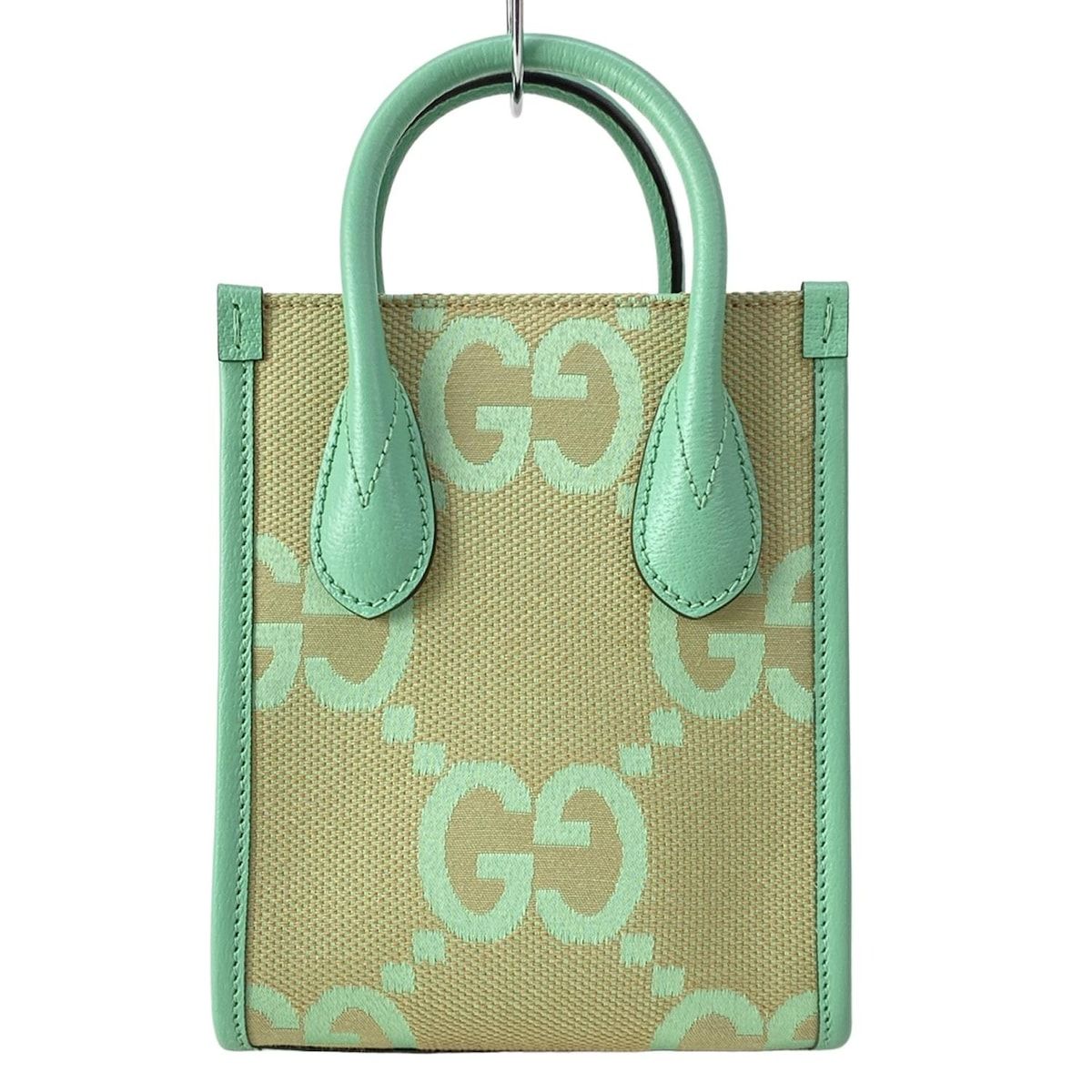 GUCCI(グッチ) トートバッグ美品 ジャンボGG 671623 ベージュ×グリーン ミニバッグ レザー 67,100円