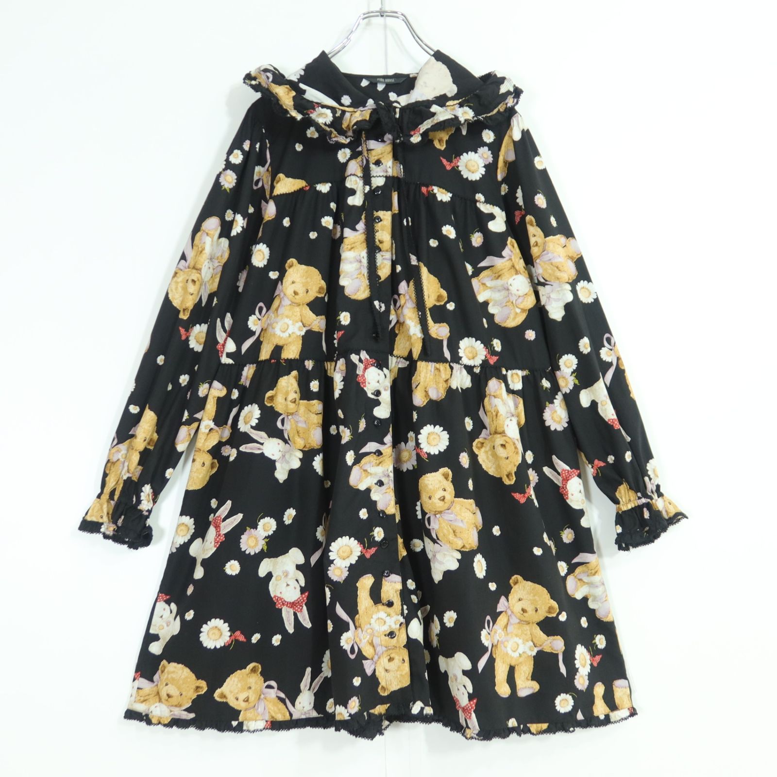 【美品】ピンクハウス★ひな菊ロンドpt♪ミニワンピース チュニックブラウス 黒系 前開き フーディ 2023年 薄手 z20021