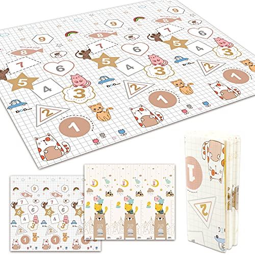 ベビーマット 【日本メーカー製安全検査済 保育士監修】fungoo? ベビープレイマット 赤ちゃん 折りたたみ 防音 防水 安全素材 遊べる 両面使用可 滑り止め (200x180x2cm, パターン2:クマ×数字)Y e709ad38