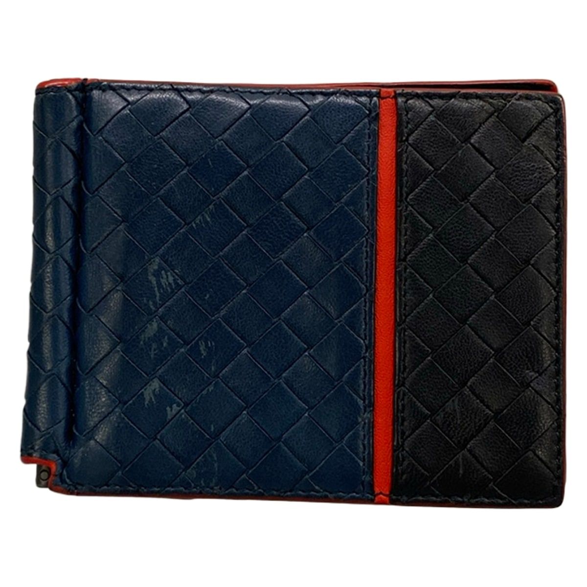 BOTTEGA VENETA(ボッテガヴェネタ) 札入れ イントレチャート ダークネイビー×黒×レッド マネークリップ式 レザー