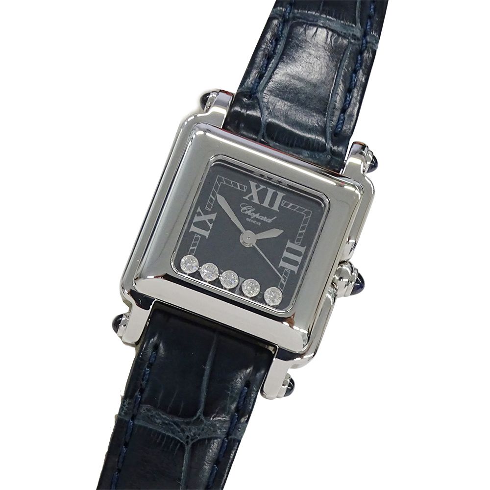 ショパール Chopard 時計 レディース ブランド ハッピースポーツ スクエア 5P ダイヤモンド クオーツ QZ ステンレス SS レザー 27/8892-23 シルバー ブラック 磨き済み 【中古】