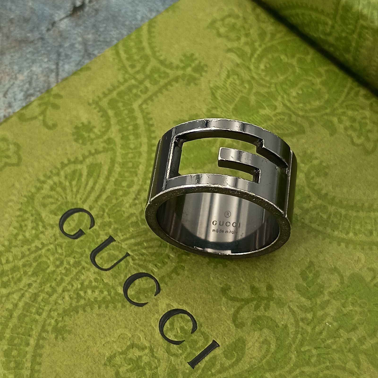 GUCCI 　グッチ 　17号　ブラック　Gカット　ブランデッドG　リング　指輪　 表記18号 メンズ 　Gロゴ　シルバー925　 ヴィンテージ