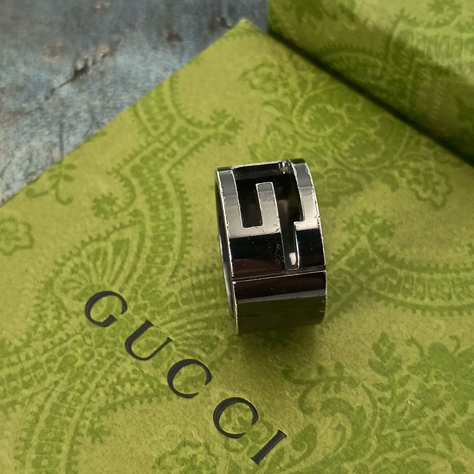 GUCCI 　グッチ 　17号　ブラック　Gカット　ブランデッドG　リング　指輪　 表記18号 メンズ 　Gロゴ　シルバー925　 ヴィンテージ