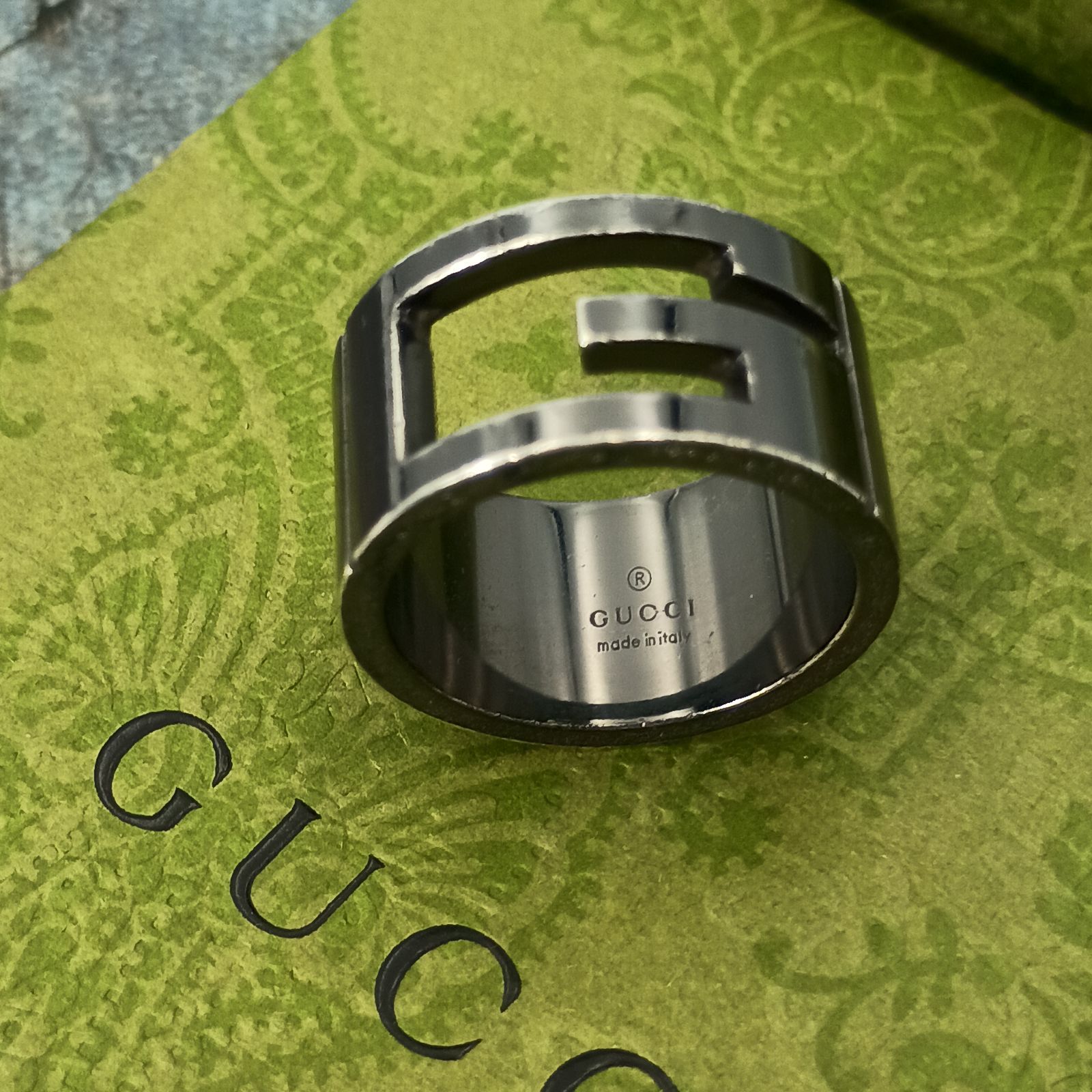 GUCCI 　グッチ 　17号　ブラック　Gカット　ブランデッドG　リング　指輪　 表記18号 メンズ 　Gロゴ　シルバー925　 ヴィンテージ