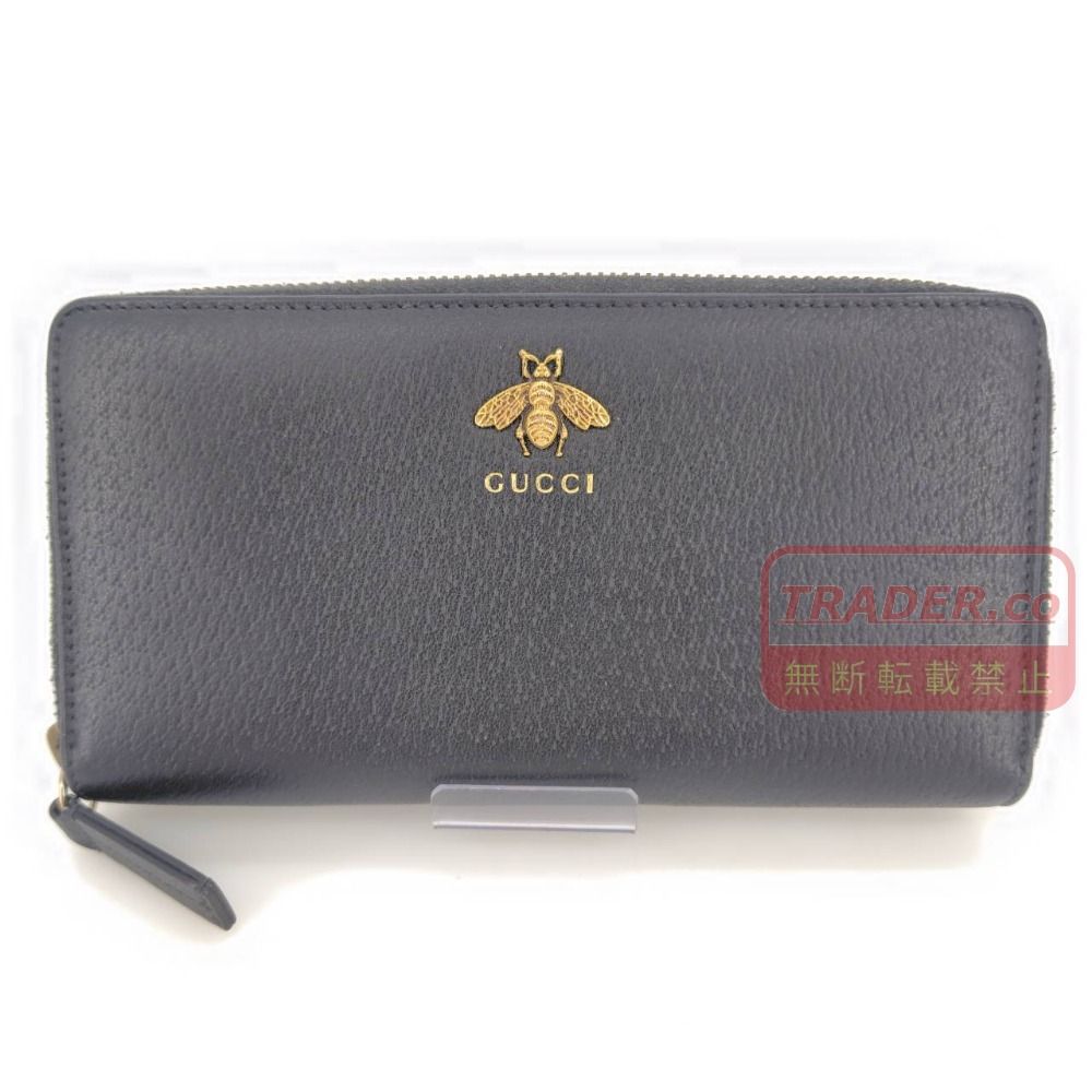 05w21316 グッチ GUCCI アニマリエ 蜂 ビー メタルモチーフ ラウンドファスナーウォレット ブラック メンズ 長財布 【中古品】