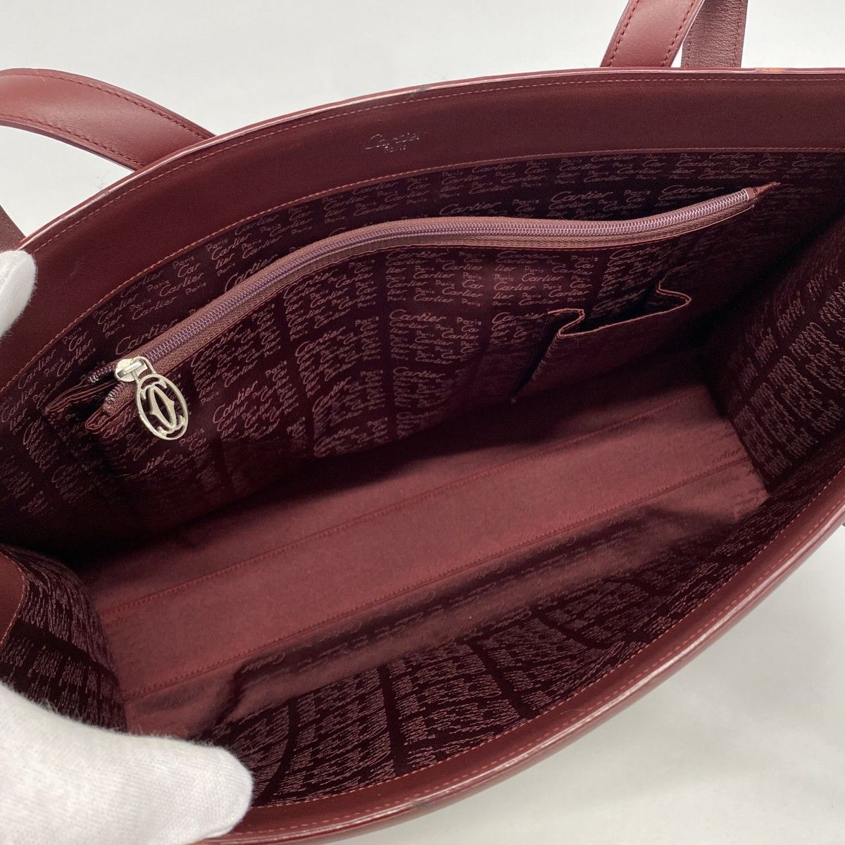 【6ec1795】カルティエ トートバッグ カボション レザー ボルドー シルバー金具【中古】レディース