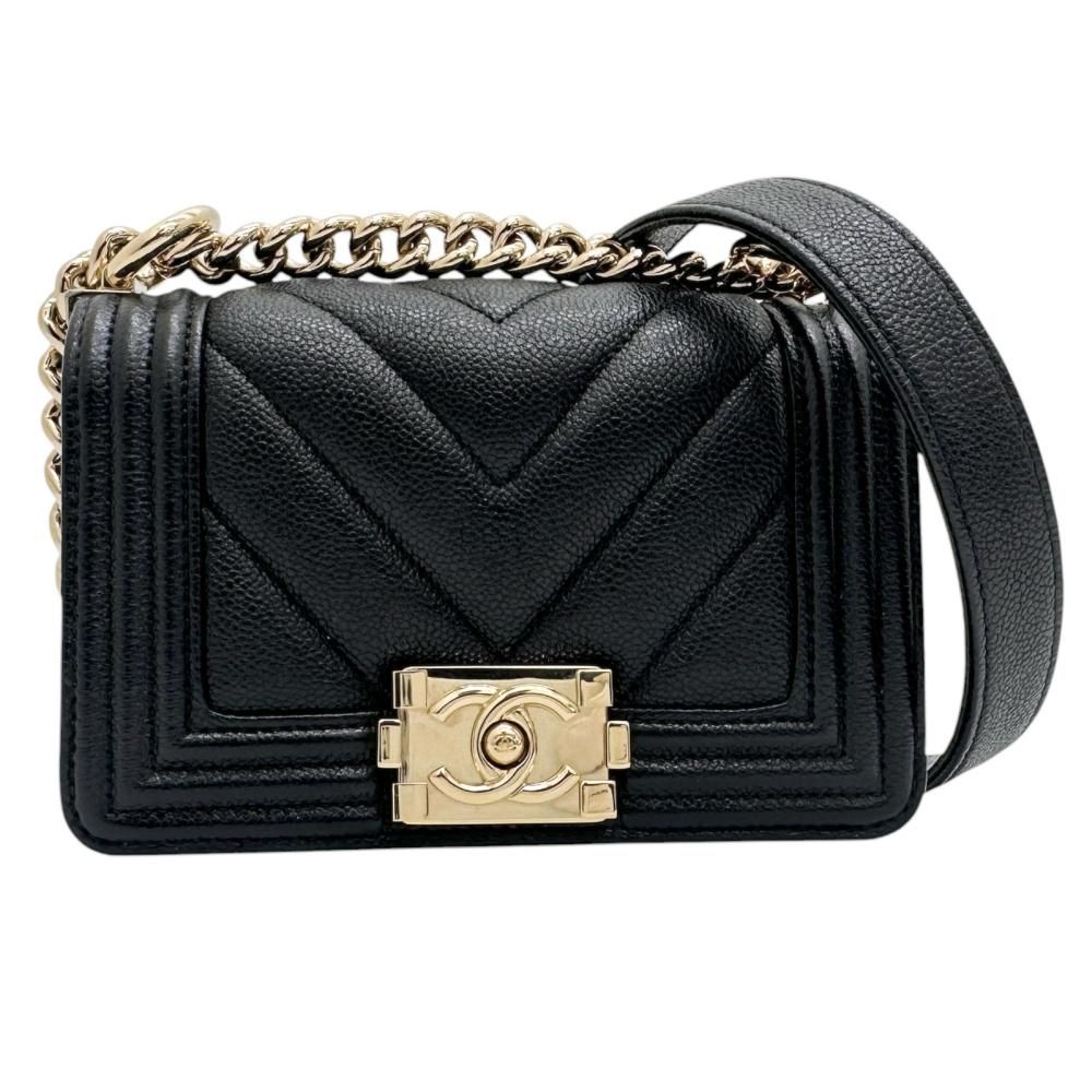 【CHANEL/シャネル】Vステッチ ショルダーバッグ シリアルプレート(2021年以降） キャビアスキン ブラック/ゴールド金具 レディース 【中古】【真子質店】【BL】