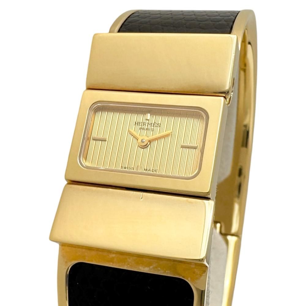 【HERMES/エルメス】L01.200 腕時計 GP/レザー クオーツ シャンパン文字盤/ブラックレザーベルト レディース 【中古】【真子質店】【GD】