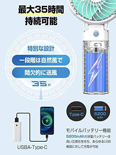 ハンディファン 携帯扇風機 強力【20dB静音・強力送風・5200mAh】 手持ち扇風機 静音 ハンディ扇風機小型 USB扇風機 Type-C 最大35時間動作 6段階風量調節 折りたたみ 手持ち クリップ 首掛け 卓上 おしゃれ 熱中症対策 暑さ対策 アウト