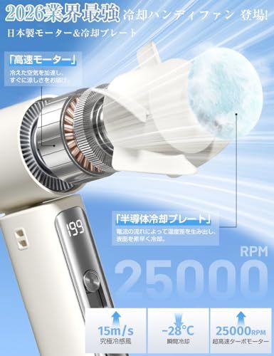 ハンディファン 【2026年最新・瞬間冷却】 冷却プレート付 手持ち扇風機 7000mAh大容量 199段階風量調節 3in1 首掛け 卓上 日本製モーター 静音 軽量 小型 デジタル残量表示 ストラップ付 熱中症対策 [日本正規品] (ホワイト)
