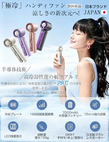 ハンディファン 【2026年最新・瞬間冷却】 冷却プレート付 手持ち扇風機 7000mAh大容量 199段階風量調節 3in1 首掛け 卓上 日本製モーター 静音 軽量 小型 デジタル残量表示 ストラップ付 熱中症対策 [日本正規品] (ホワイト)