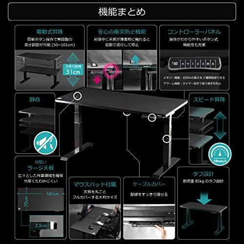 ☆新品☆Bauhutte ( バウヒュッテ ) 電動スーパーゲーミングデスク (幅140×奥行き70cm,天板高 50?101cm) 寝る、立つ、座る。三大ゲーム姿勢をフルカバー 広々とした作業領域を確保 たわみに強いタフ天板(厚み2.5cm 7fa19e4c